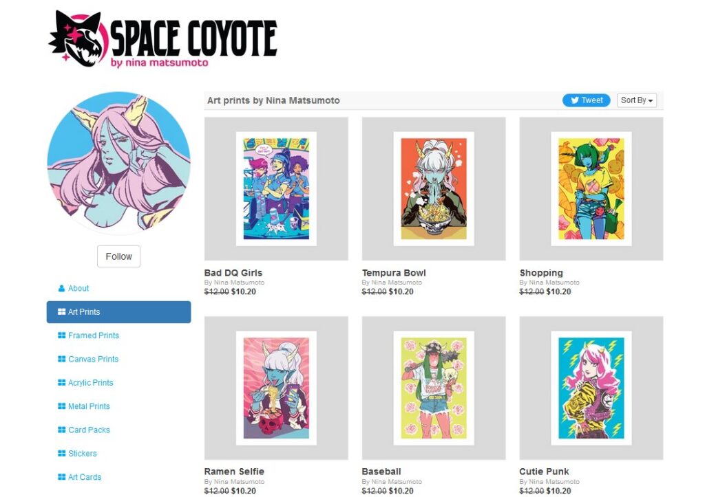 Screenshot of my INPRNT storefront