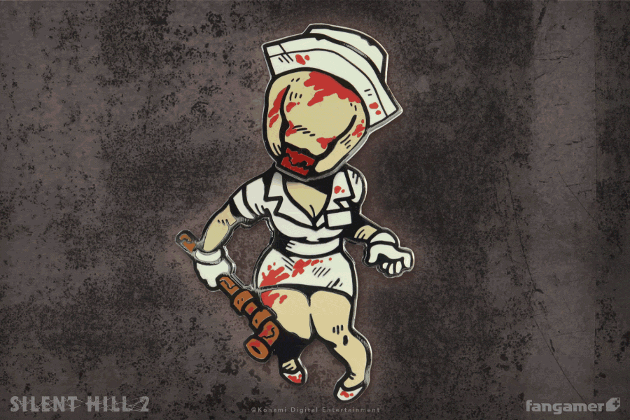 Enamel pin of a creepy nurse from Silent Hill 2 in a cute chibi style.