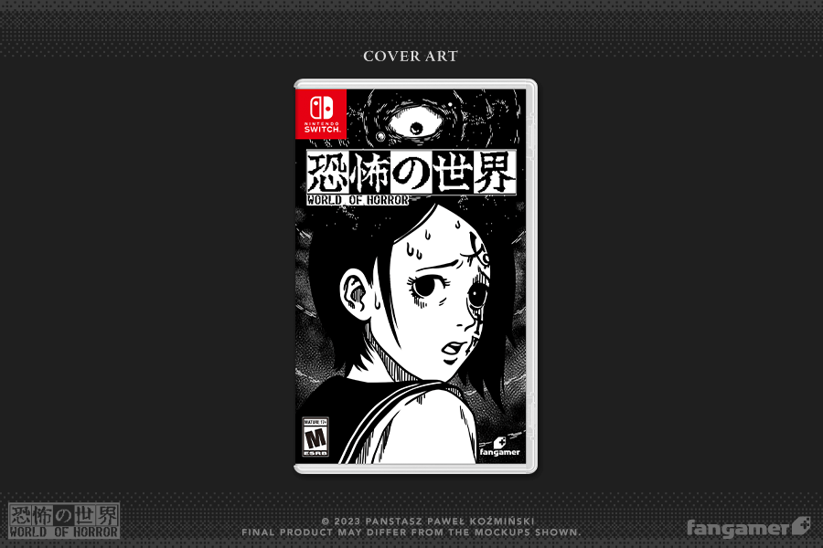 The cover art for World of Horror on Switch. Black-and-white manga style. A terrified girl is looking over her shoulder. One of her eyes is completely black and surrounded by occult markings on her face. A giant ominous eye looms above her in the skies