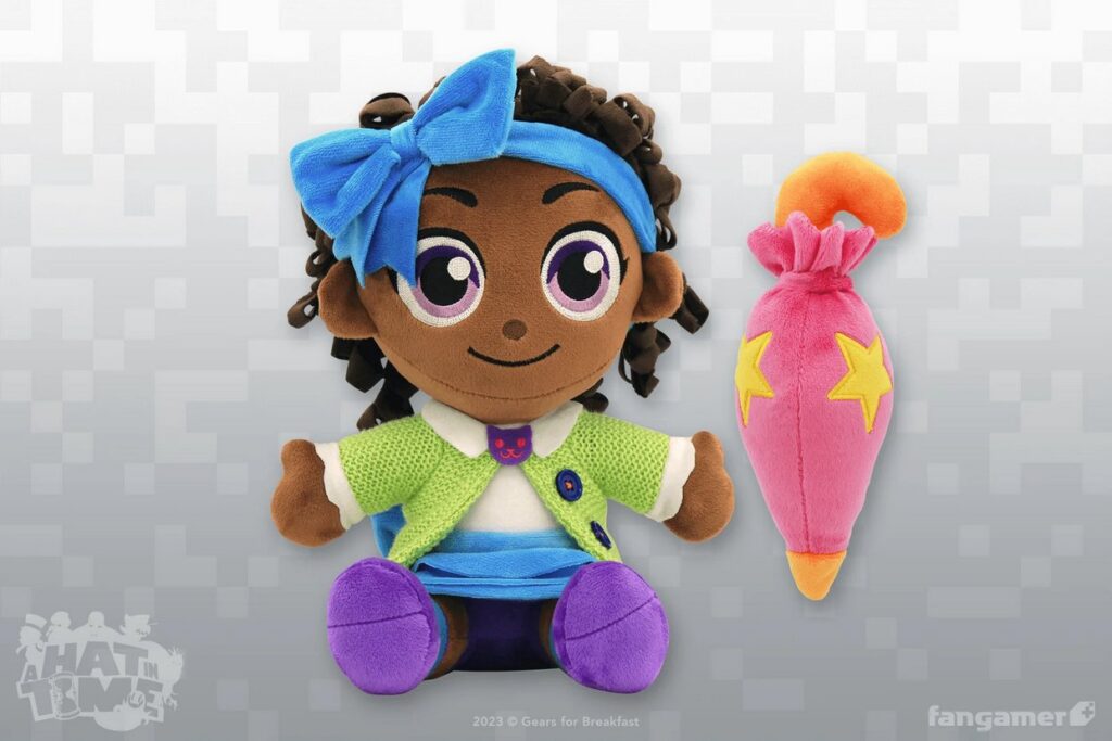 Photo of the completed Bow Kid plush with umbrella accessory