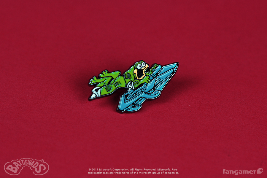 Soft enamel pin of a Battletoad clinging to a speeder bike, based on the infamous Turbo Tunnel stage.
