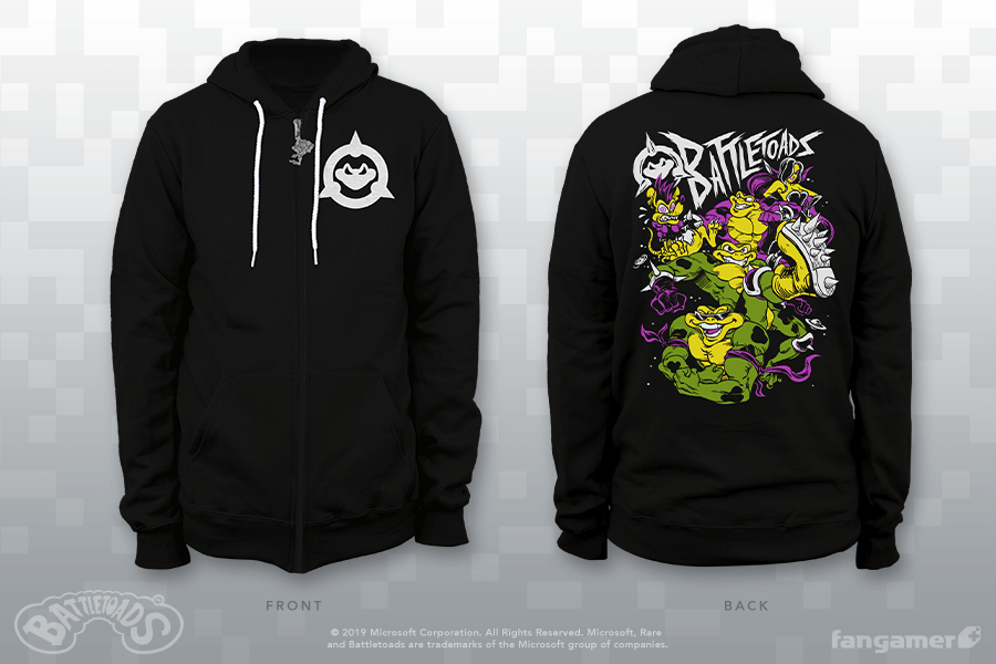 The front and back of the hoodie. The front has the Battletoads logo on the chest.