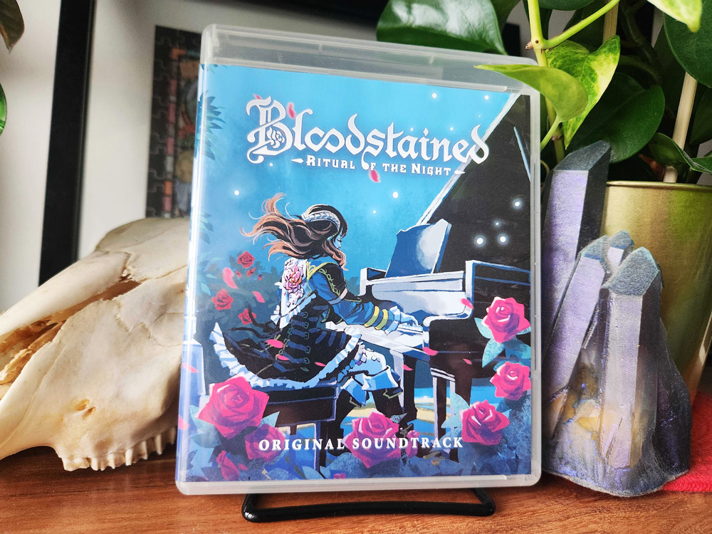 The Bloodstained Ritual of the Night OST in a Blu-ray case, displayed on a shelf