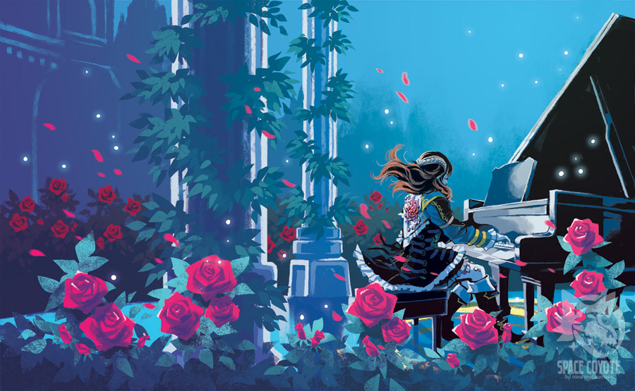 The front and back cover art for the Bloodstained soundtrack. The protagonist, Miriam is playing a grand piano in a rose garden
