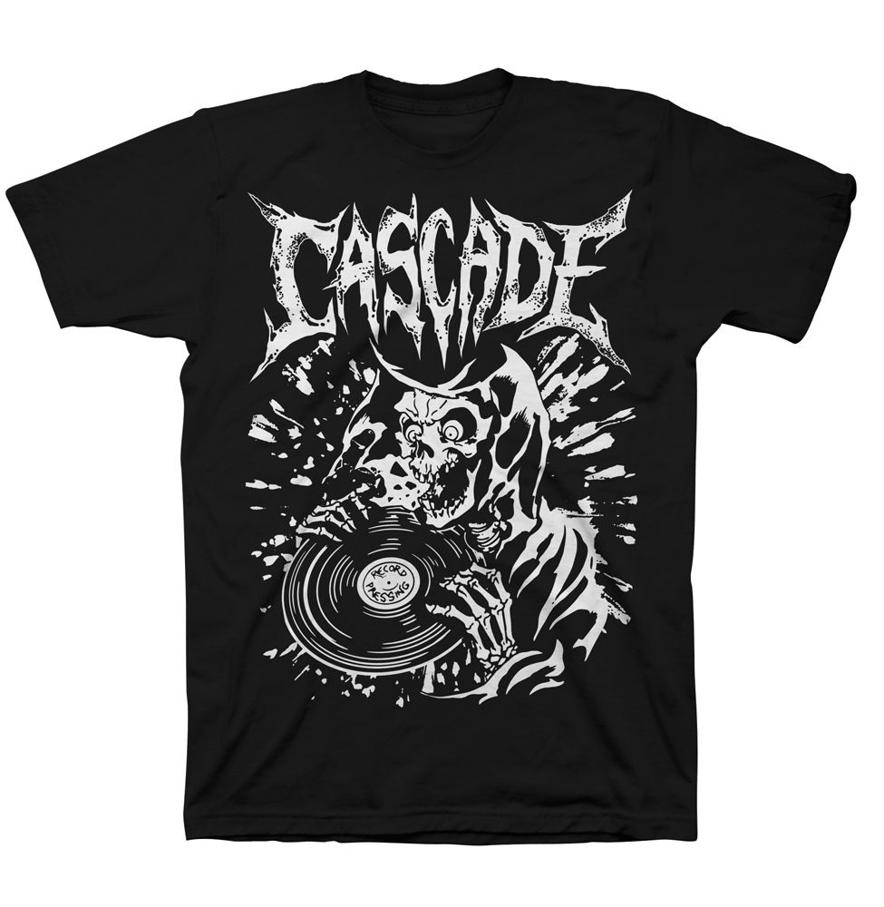 A grim reaper eating a vinyl record. In metal lettering above it says "Cascade"