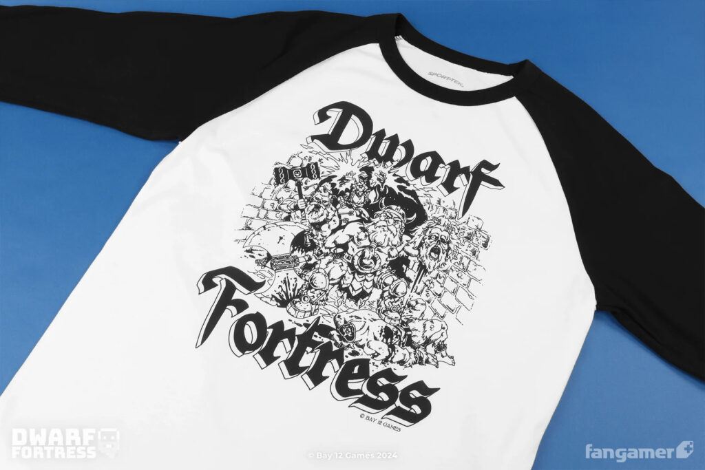 An axe-wielding viking dwarf holds up the head of a dwarf zombie he just beheaded inside a brick-lined dungeon hall. A hammer-wielding zombie sneaks up behind him as an evil necromancer casts a spell. Gothic-looking lettering reads "Dwarf Fortress."