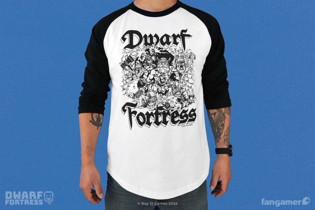 Photo of a man wearing the Necromancer's Tower raglan shirt.