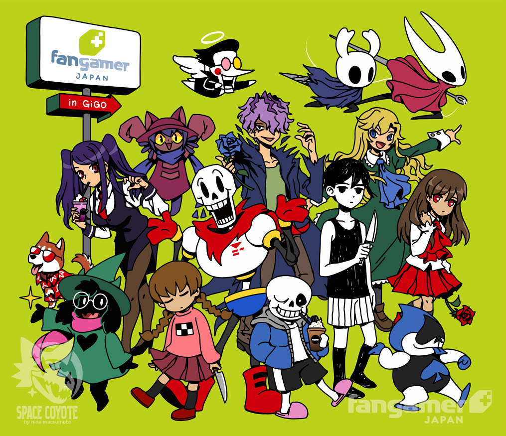 The GiGO Shibuya mural illustration, featuring characters from Undertale, Deltarune, Hollow Knight, VA-11 Hall-A, Ib, Yume Nikki, Omori, and OneShot.