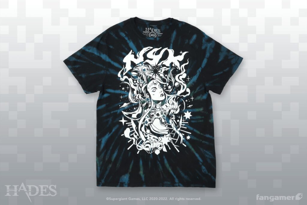 Mockup of the Night Incarnate design on a black, blue, and green tie-dye shirt.