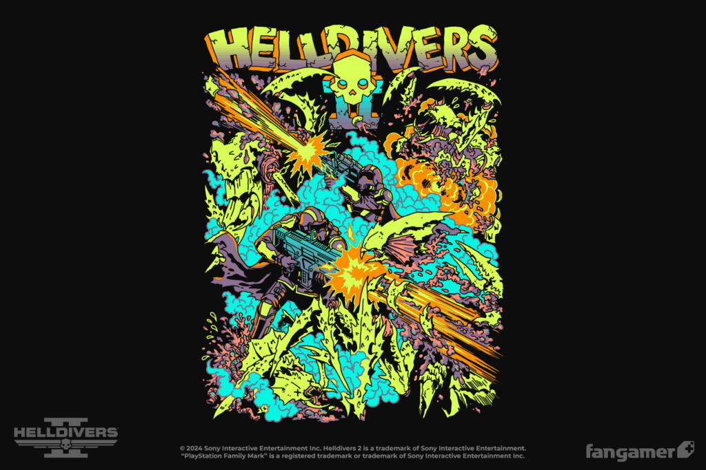 Two armored and caped soldiers are blasting bug-like aliens with giant guns. Text above reads "Helldivers II."
