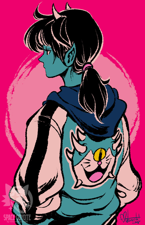 A blue-skinned girl with horns and pointy ears wearing a sukajan-style jacket is facing away from the viewer. The back of her jacket has an image of a Cacodemon-esque Doraemon face