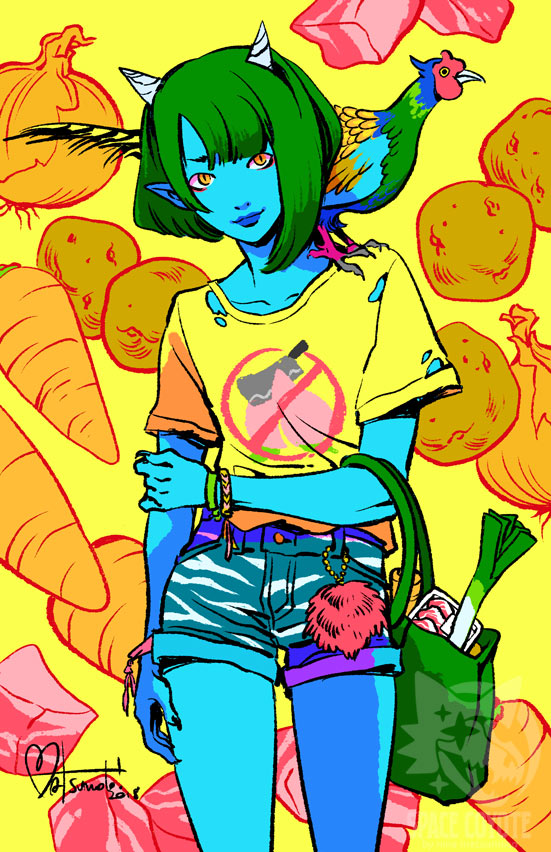 A blue-skinned horned girl with pointy ears is smiling at the camera as she holds a shopping bag full of groceries. There's a Japanese pheasant on her shoulder. Behind her are drawings of produce and meat.