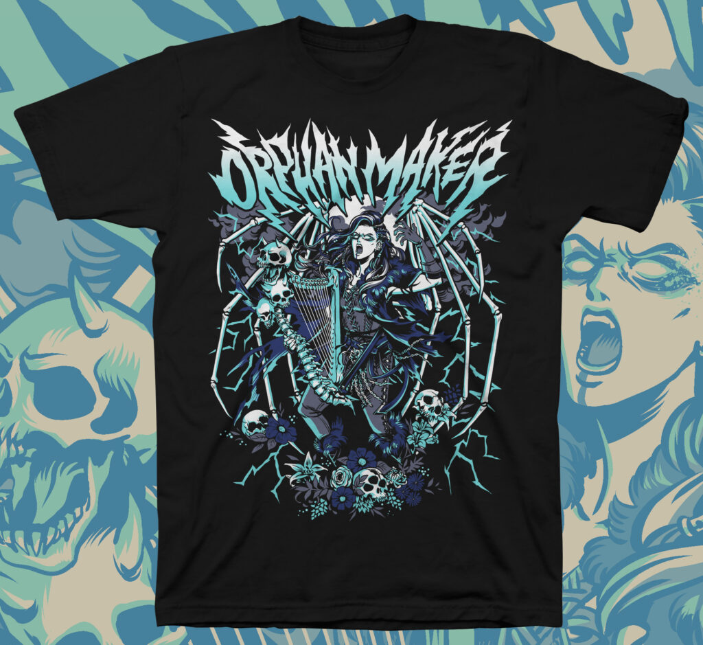Metal band-style tee of Yasha from Critical Role playing a harp made out of a spine bone. The jagged lettering above her reads "Orphan Maker"
