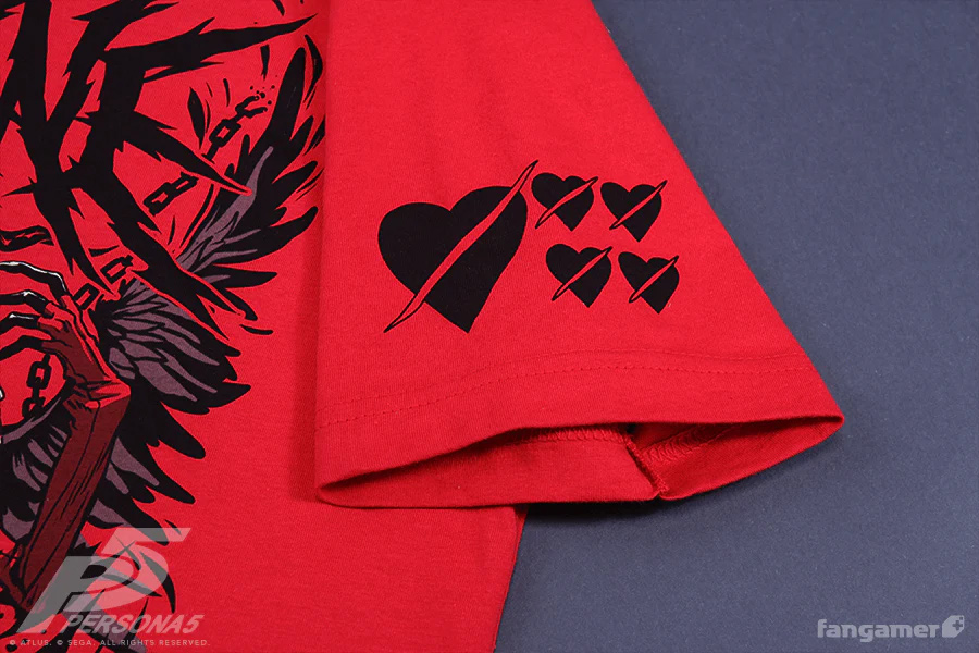 Close-up of the sleeve detail, showing 5 hearts crossed out