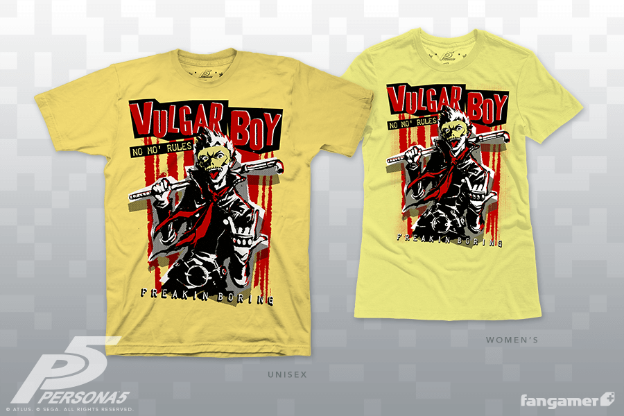 The Vulgar Boy design mocked up on two kinds of shirts: unisex and women's