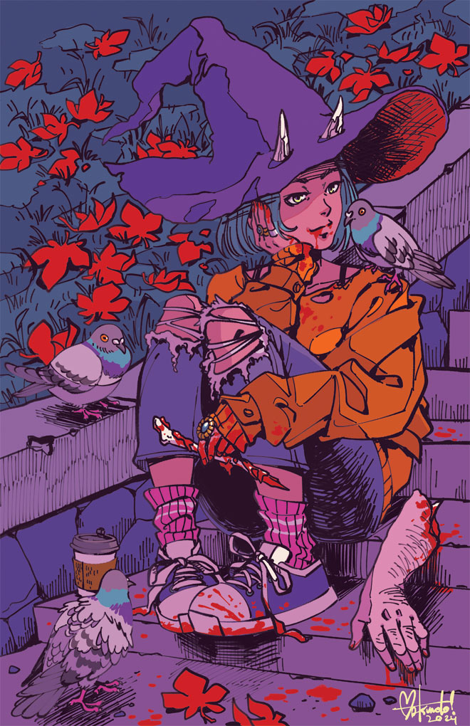 An oni girl dressed like a witch, calmly sitting on outdoor concrete steps as she devours a human arm. She looks at a pigeon on her shoulder.
