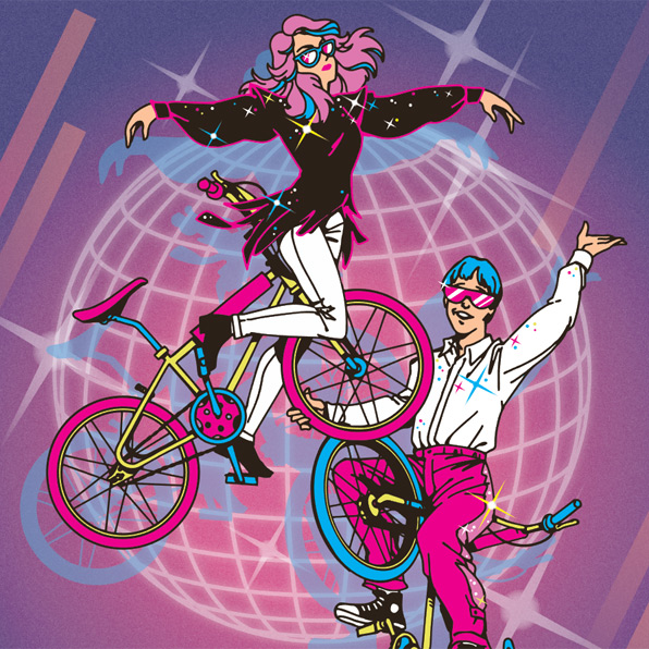 An 80's teenage girl and boy dancing on bicycles