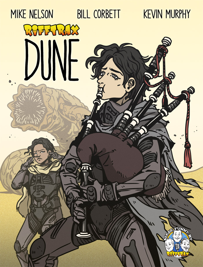 A parody drawing of the movie Dune with Paul playing the bagpipes, Chani and a sandworm plugging their ears behind him