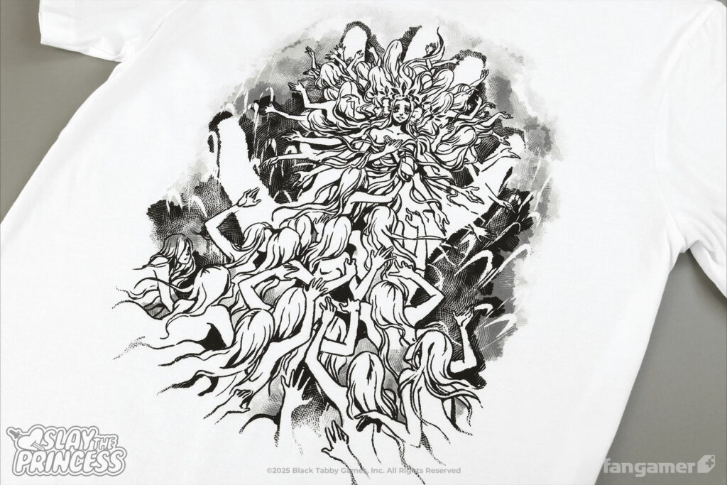 The Princess from Slay the Princess with multiple arms and limbs, several clones of herself bursting out from her hair and even more clones crawling up towards her to form a human skirt.