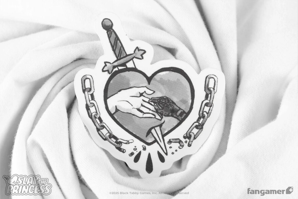 Sticker of a heart with a dagger through it, decorative blood drops spurting underneath. A broken chain frames the heart. Inside the heart is a human feminine hand reaching out to a small reptilian hand.