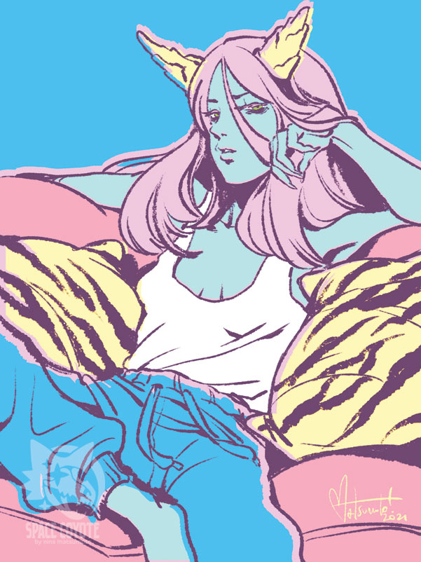 A blue-skinned girl with pink hair and big horns is lounging on a couch, wearing a white tank top and blue sweatpants. She looks annoyed at the viewer.