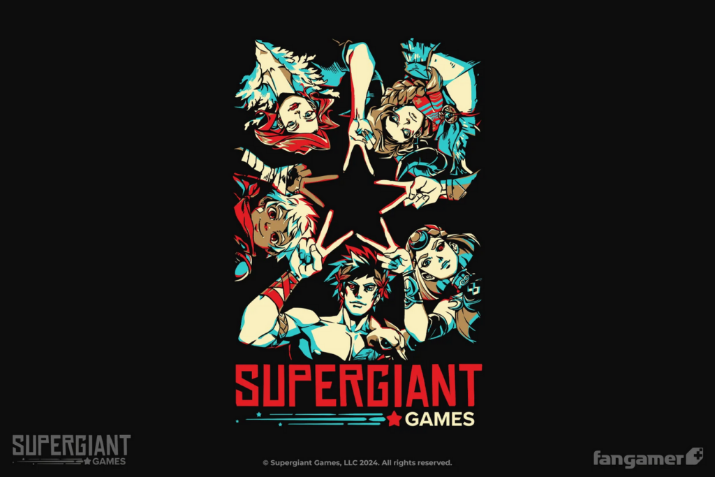 The protagonists of all of Supergiant's games forming V-signs with their hands, putting them in the middle to create a star shape