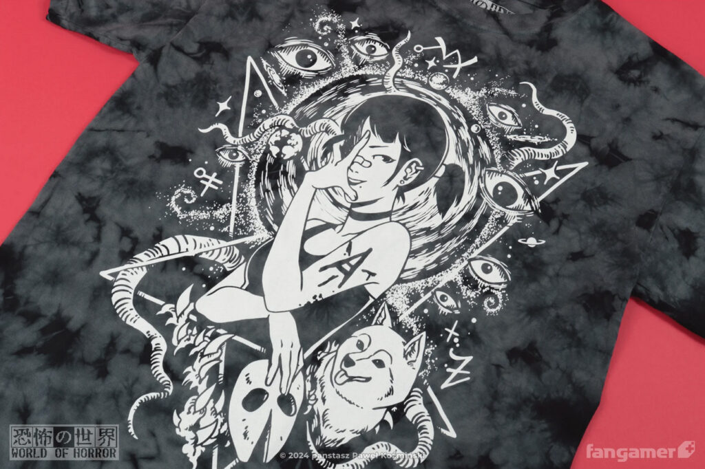 Grey tie-dye shirt of Miku smiling at the camera with a hand mysteriously over her face, holding a cultish mask with the other hand. A shiba inu is next to her. She's surrounded by cosmic horror motifs like eyes, tentacles, teeth, and runes, an ominous swirl behind her head.