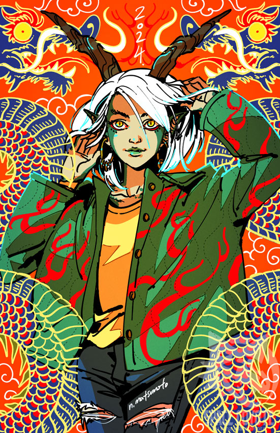 A girl with peach and green skin, pointy ears, long brown horns and white hair poses for the viewer with yellow slit-pupil eyes.